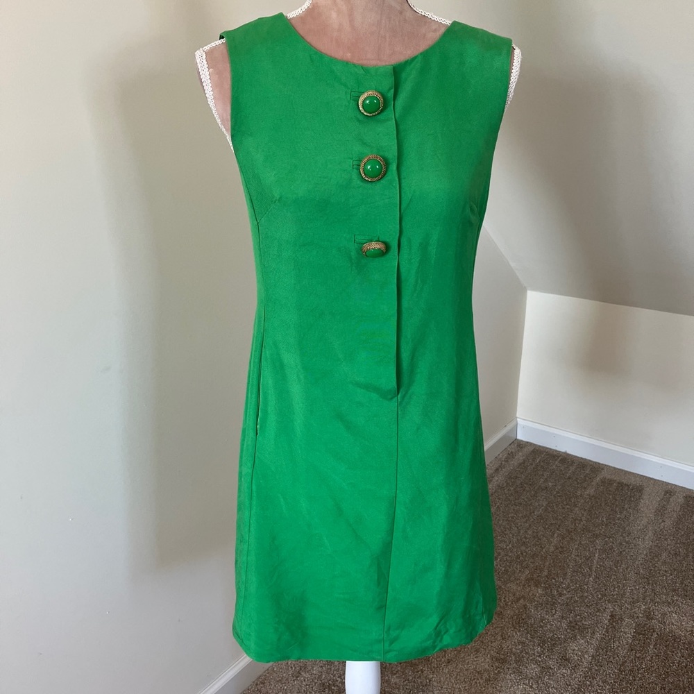 Lilly Pulitzer Vintage Buttoned Size 2 Green Tank A-Line Dress 100% Silk Lining